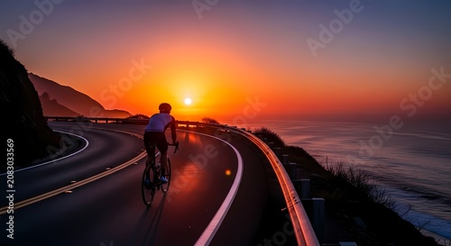 Cyclist enjoying the sunset on a winding coastal road with ocean view