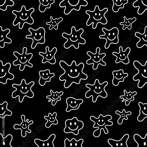 Seamless White Smiley Splat Designs on Black Background Vector Graphics