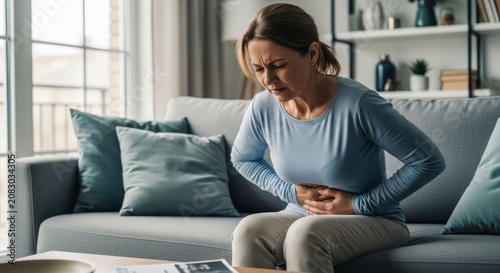 Woman Suffering From Abdominal Pain While Sitting On Sofa At Home.