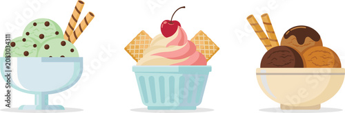 Bild auf Leinwand Ice Cream Sundae and Frozen Yogurt Bowl Vector Set Featuring Chocolate Mint Cher