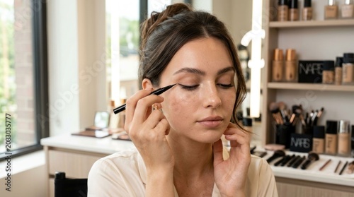Young Woman Applying Eyeliner Makeup in a Brightly Lit Room.
