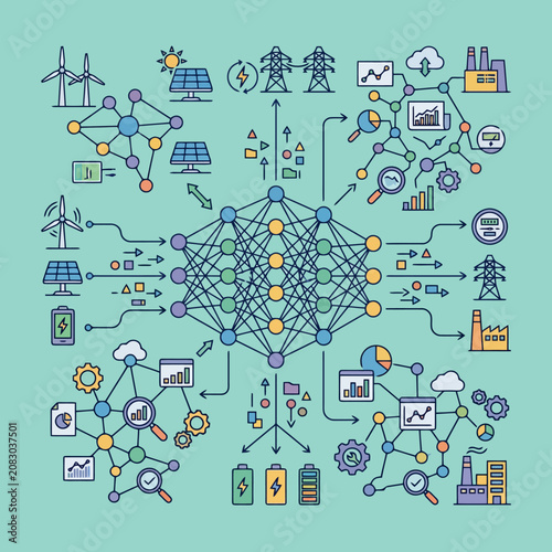 A complex diagram showing renewable energy and data network systems
