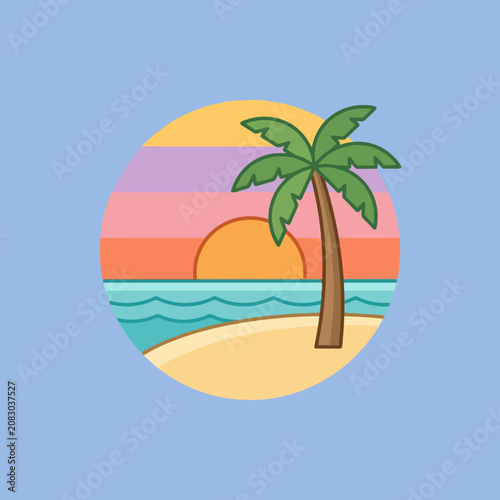 A tropical beach sunset with a palm tree