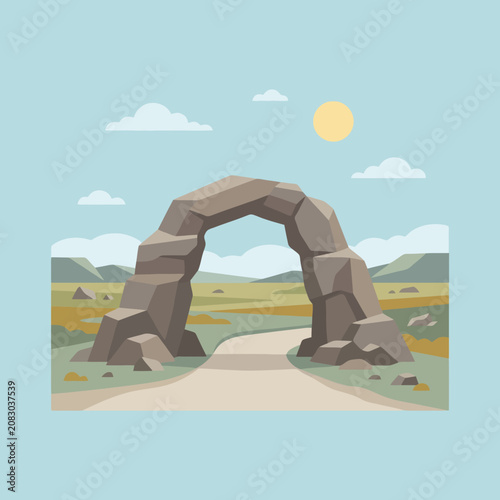 A stone arch stands over a path in a desert landscape
