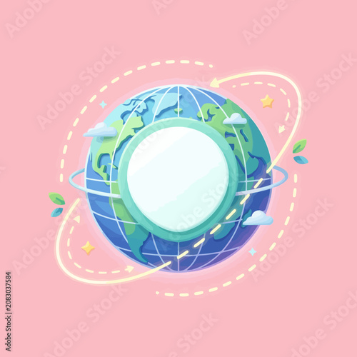 Cute pastel vector illustration of the globe with a blank frame
