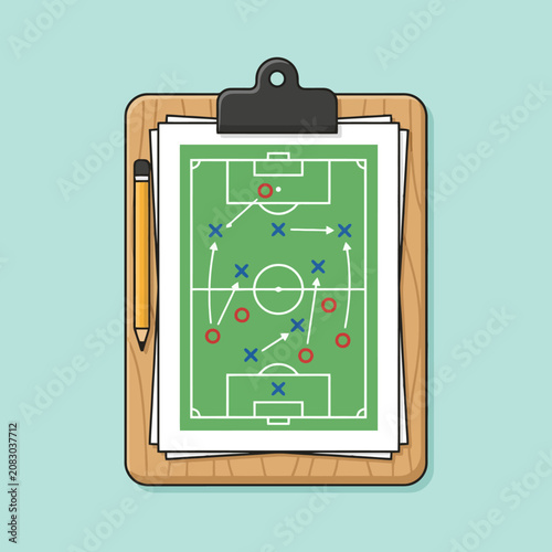 A wooden clipboard displays a tactical soccer field diagram