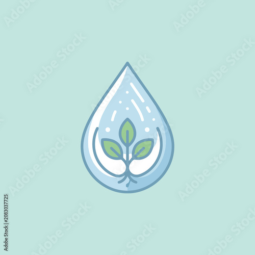 A plant grows inside a water droplet on a light blue background