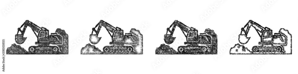 Fototapeta premium Sketch monochrome mining excavator icon design set