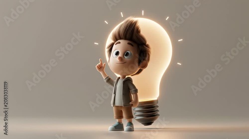 A character stands beneath a giant glowing light bulb, pointing upward with excitement while explaining a concept in a clean presentation and training-style looping animation.