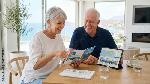 Happy senior couple planning vacation together using travel brochure and digital tablet