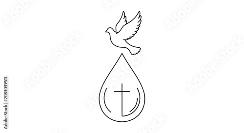 Foto Line art of a dove flying above a water drop containing a Christian cross bird d