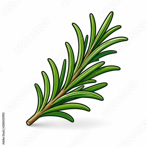 Fresh rosemary sprig flat vector icon isolated on white background with glossy needle leaves