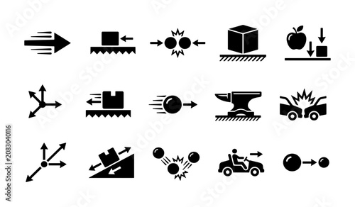 Photography Physics and mechanics icon set, 15 black vector symbols of motion and force, kin