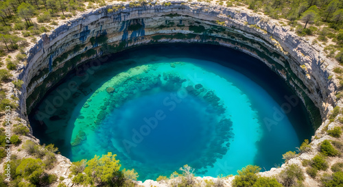 Beautiful turquoise sinkhole surrounded by green vegetation