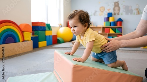 Cute baby infant crawling on soft foam ramp supported by hands in colorful daycare playroom for early childhood development and growth lifestyle concept