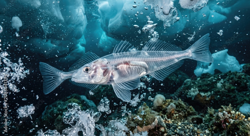 Fototapeta premium Fish swimming near ocean floor with plastic pollution