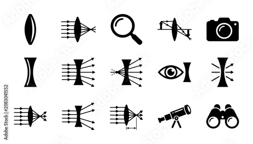 Obraz na plátně Optical lens physics icons, 15 science vector elements, light refraction and ref