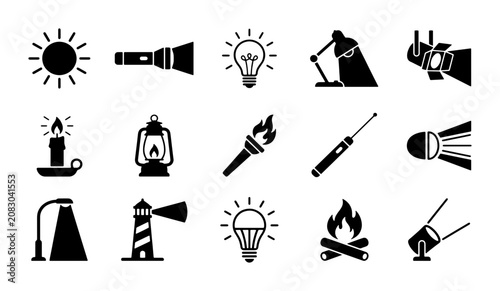 Принти на полотні Black light source icons set, 15 vector illumination symbols, flat lighting equi