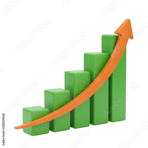 A 3D green bar chart with an orange arrow pointing upward
