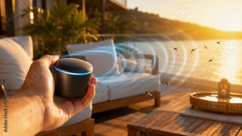 Hand holding a mosquito repellent device emitting blue waves, effectively deterring insects on an outdoor patio at sunset