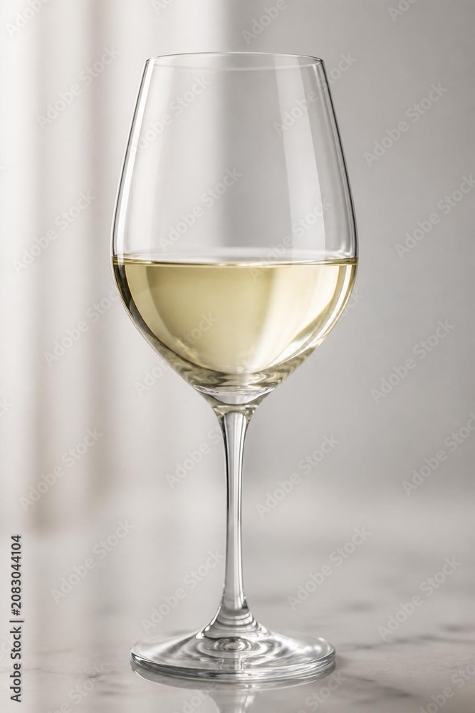 Fototapeta premium Crystal white wine glass with elegant stemware in a minimalist closeup composition.