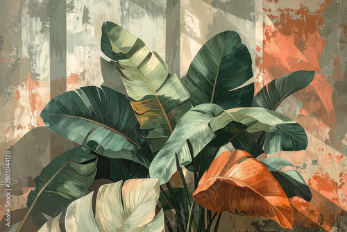 Illustrazione di grandi foglie tropicali in toni verdi e arancio su sfondo materico astratto. Arte decorativa ideale per interior design, poster, decorazione e progetti creativi.