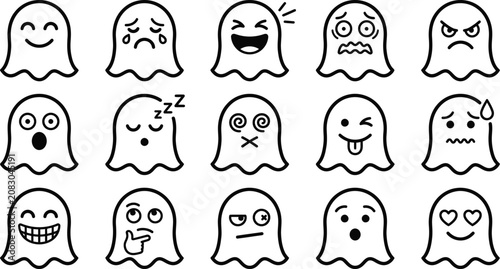 Halloween ghost emoticons set cute ghost faces for spooky season designs