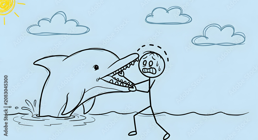Obraz premium Stick figure man scared by a dolphin with open mouth, cartoon sketch