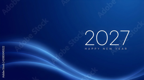 Happy new year 2027 banner, new year celebration greeting card with text and abstract shiny wave on blue background.