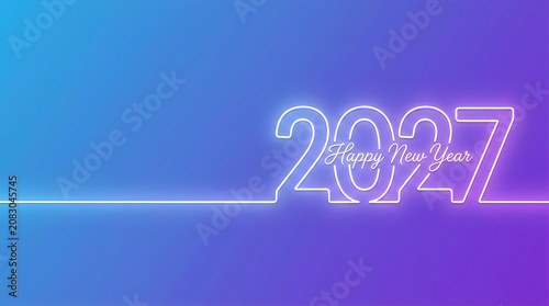 Happy new year 2027 text in neon line art style, happy new year lettering on an abstract blue purple background.