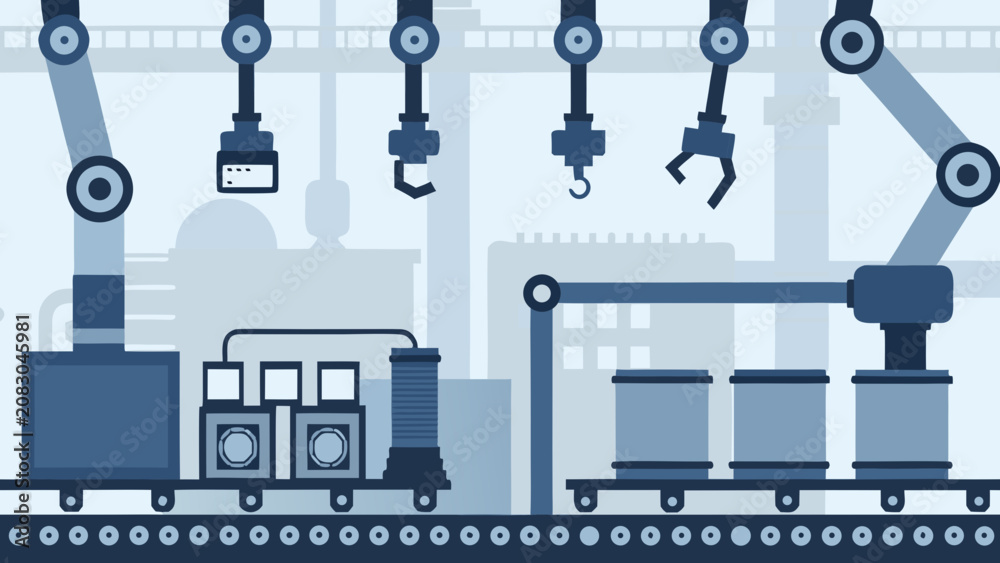 Obraz premium Industrial robotic arms and manufacturing equipment in a blue vector illustration automation assembly