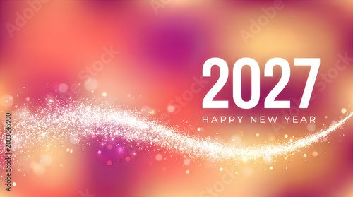 Modern happy new year 2027 greeting card with white bold typography and magical sparkling wave trail on blurred pink and orange gradient light background.