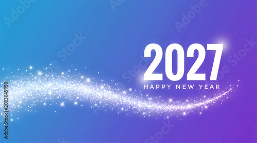 Elegant happy new year 2027 card with white bold numbers and glowing magic glitter wave trail on smooth blue and purple gradient background for holidays.