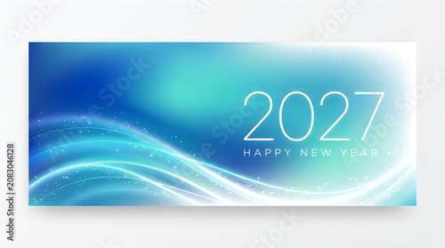 Abstract glowing waves and sparkles celebrating happy new year 2027, futuristic design with blue and turquoise gradient background, motion and light effects, festive and bright.