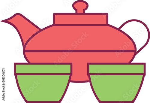 Flat line icon of traditional teapot with tea cups