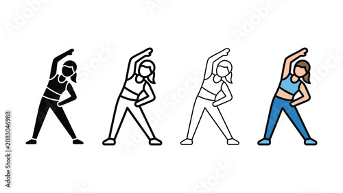Four women in different colored outfits stretching sideways to the right