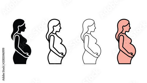 Four pregnant women in different outline styles and colors standing in profile views holding belly