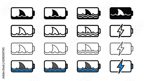 Battery icons with shark fins in various colors and states