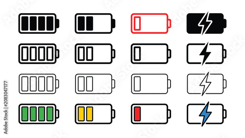 Battery level indicators with various charge levels and status symbols