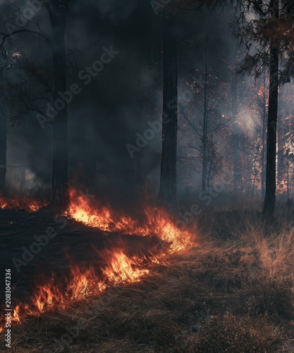 forest wildfire spreading through dry grass and trees