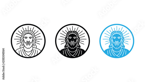 Schilderij op canvas Jesus Christ portrait icon in circular frame set featuring minimalist line art s