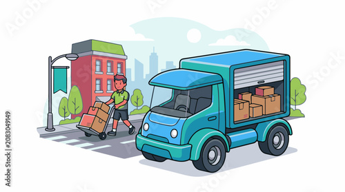 Delivery person loading packages into a truck in a city