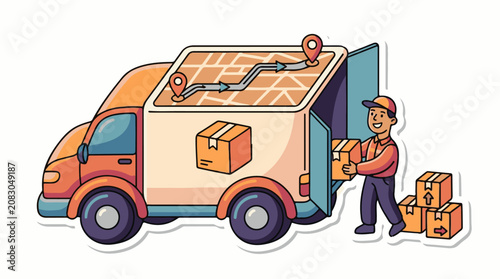 Delivery person loading packages into a truck with a map and route on top