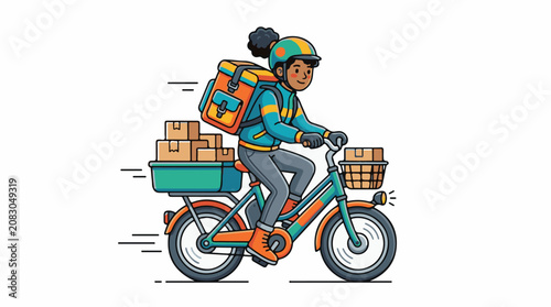 Delivery person on a bicycle with packages and a backpack