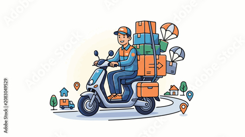 Delivery person on a scooter carrying many packages