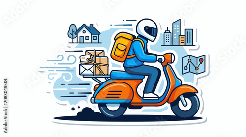 Delivery person on a scooter carrying packages through a city