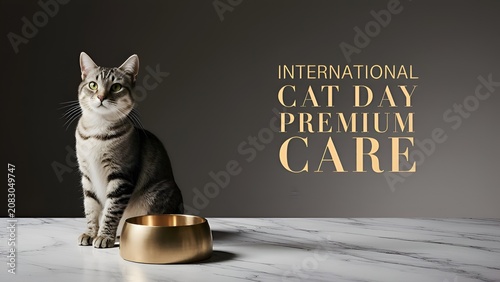 International Cat Day premium care banner with tabby cat and gold bowl