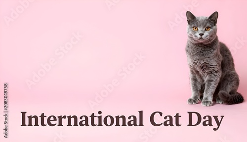 Cute British Shorthair cat sitting on bright pink background for International Cat Day