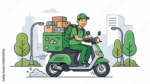 Delivery person on a scooter loaded with packages driving through a city