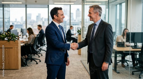 Two businessmen shaking hands in office.